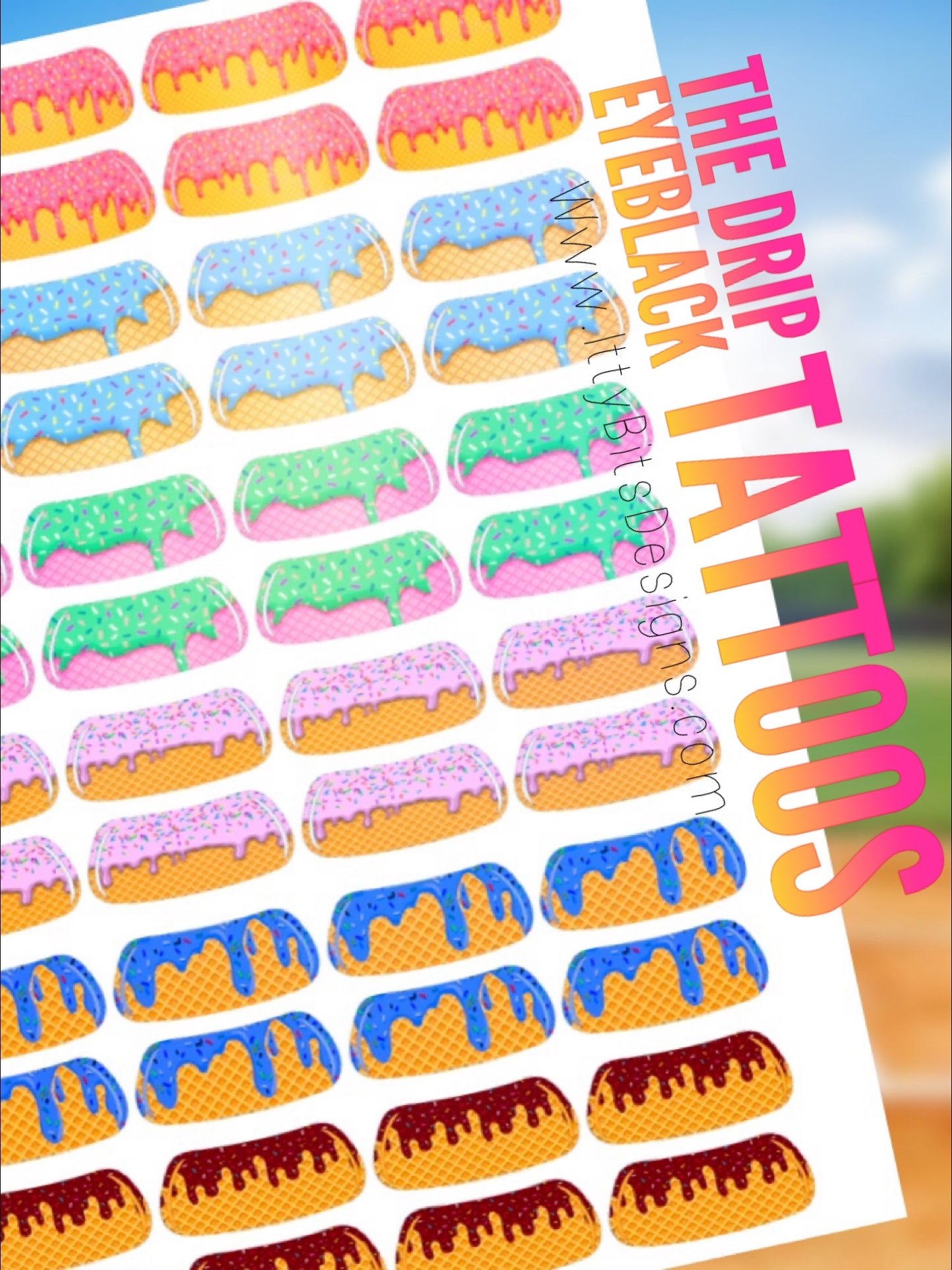 Ice Cream Drip Eyeblack Tattoos - Sheet of 24 Sets - Itty Bits Designs
