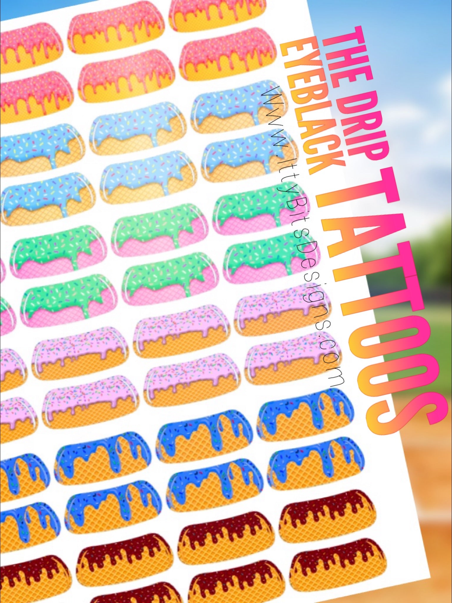 Ice Cream Drip Eyeblack Tattoos - Sheet of 24 Sets - Itty Bits Designs